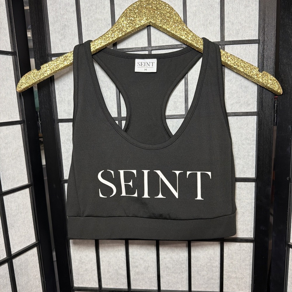 Limited Edition Rare Seint Beauty Logo Black Racerback Sports Bra Size Medium